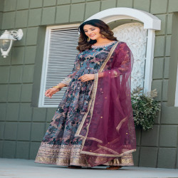 Premium Designer Floral Printed Taby Silk Readymade Gown with Net Dupatta